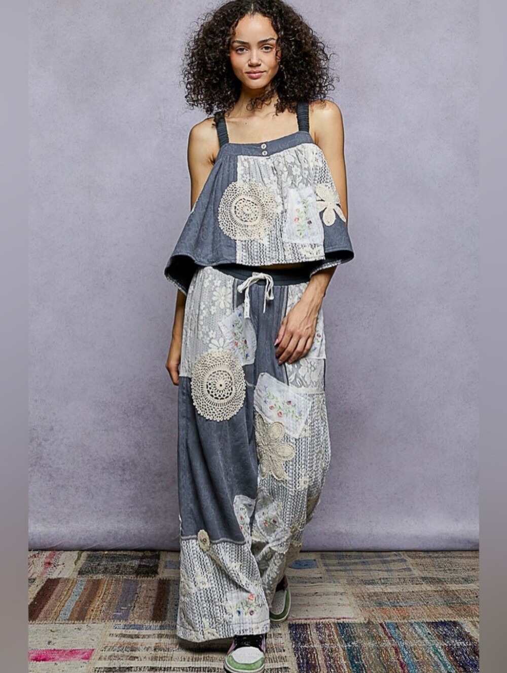 POL“Dream Patch Set“Crochet Blue Patchwork Matching Set, Pants&Tank Sz Small - Picture 9 of 16